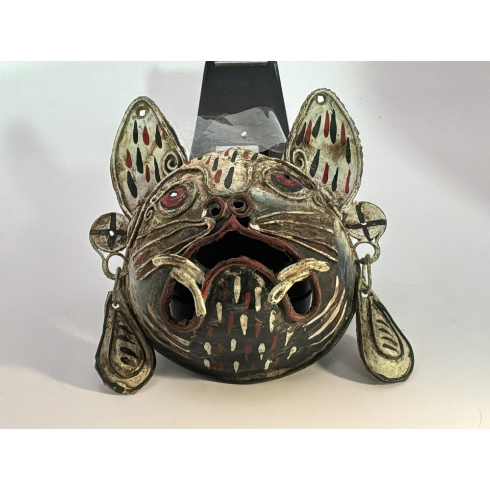 Handmade Hammered And Painted Copper Cat Mask Mexican Folk Art 5" X 5"